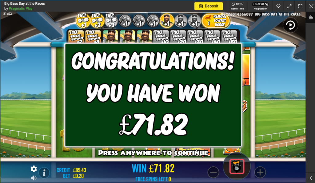 Screenshot of a £71.82 win on Big Bass Day at the Races slot game using Outplayed Matched Betting March 2025 free spins.