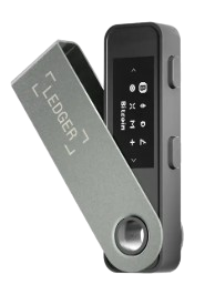 Ledger hardware wallet for secure Bitcoin storage in DCA experiment.