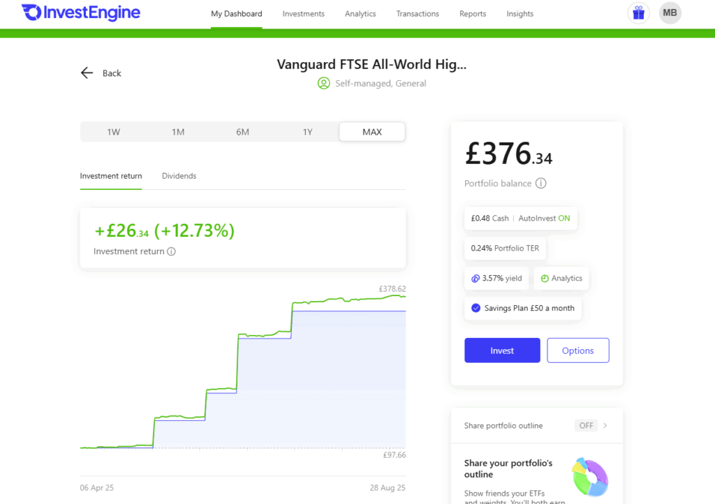 Dividend ETF investing portfolio chart on InvestEngine.