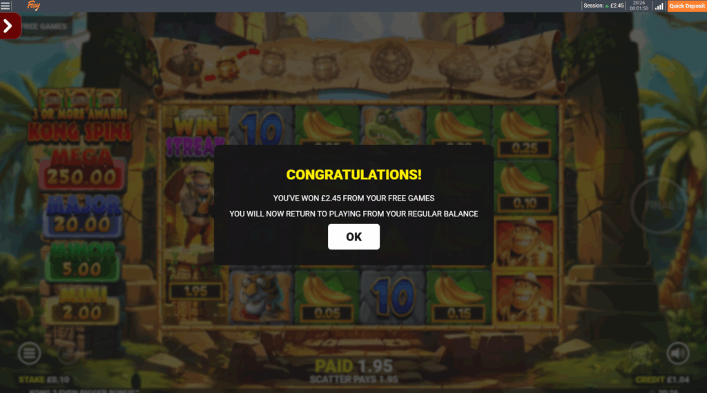 Small free spins win in Outplayed
