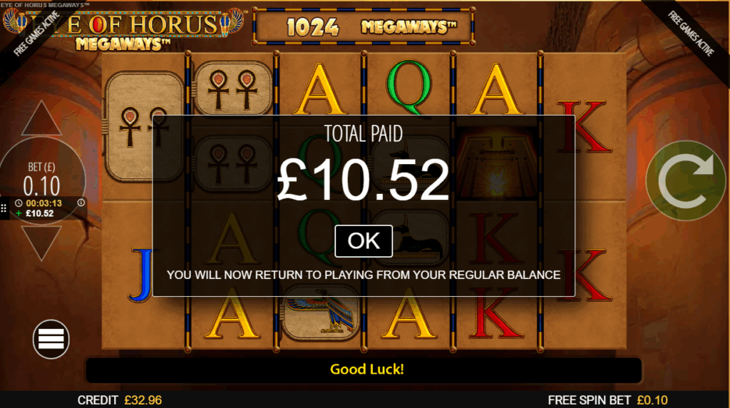Outplayed September October 2025 results: £10.52 Eye of Horus Megaways win