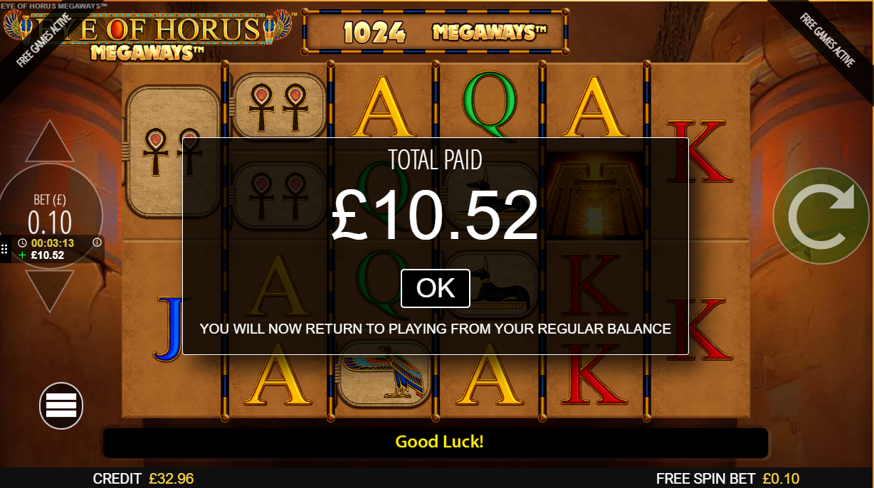 Outplayed September October 2025 results: £10.52 Eye of Horus Megaways win