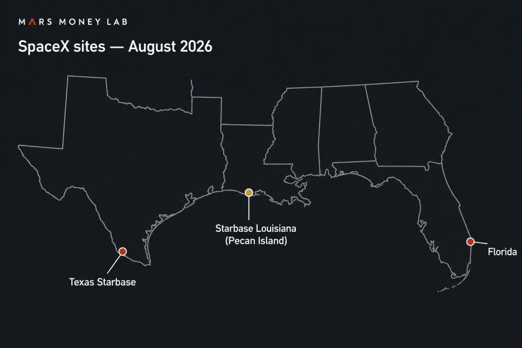 SpaceX sites map: Texas Starbase, Florida, and Starbase Louisiana at Pecan Island