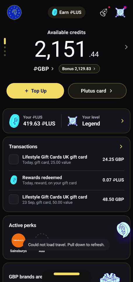 Plutus app on 25 September showing available credits, bonus credits and recent gift card buys