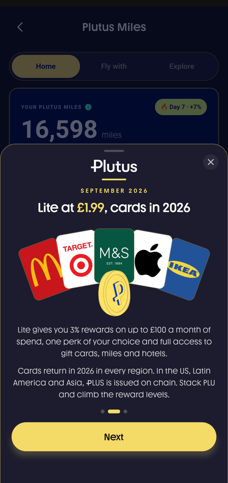 Plutus September 2026 in-app notice: Lite plan at £1.99 and cards returning in 2026