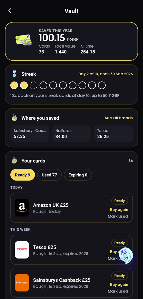 Plutus Vault screen showing gift card savings this year and cards ready to use