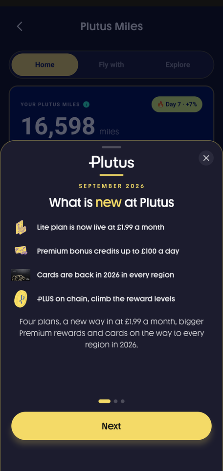 Plutus September 2026 in-app notice listing what is new, including cards back in 2026